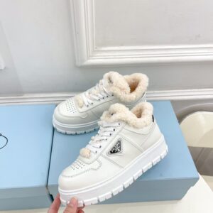 Prada Leather Shearling Platform Sneakers