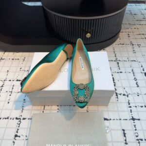 Manolo Blahnik Green Satin Hangisi Ballet Flats