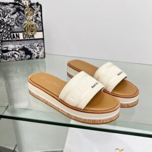Dioriviera Dway Platform Slide Natural Raffia and White Embroidered Cotton