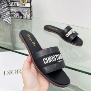 Dway Heeled Slide Black Cotton Embroidered with Metallic Thread and Silver-Tone Strass